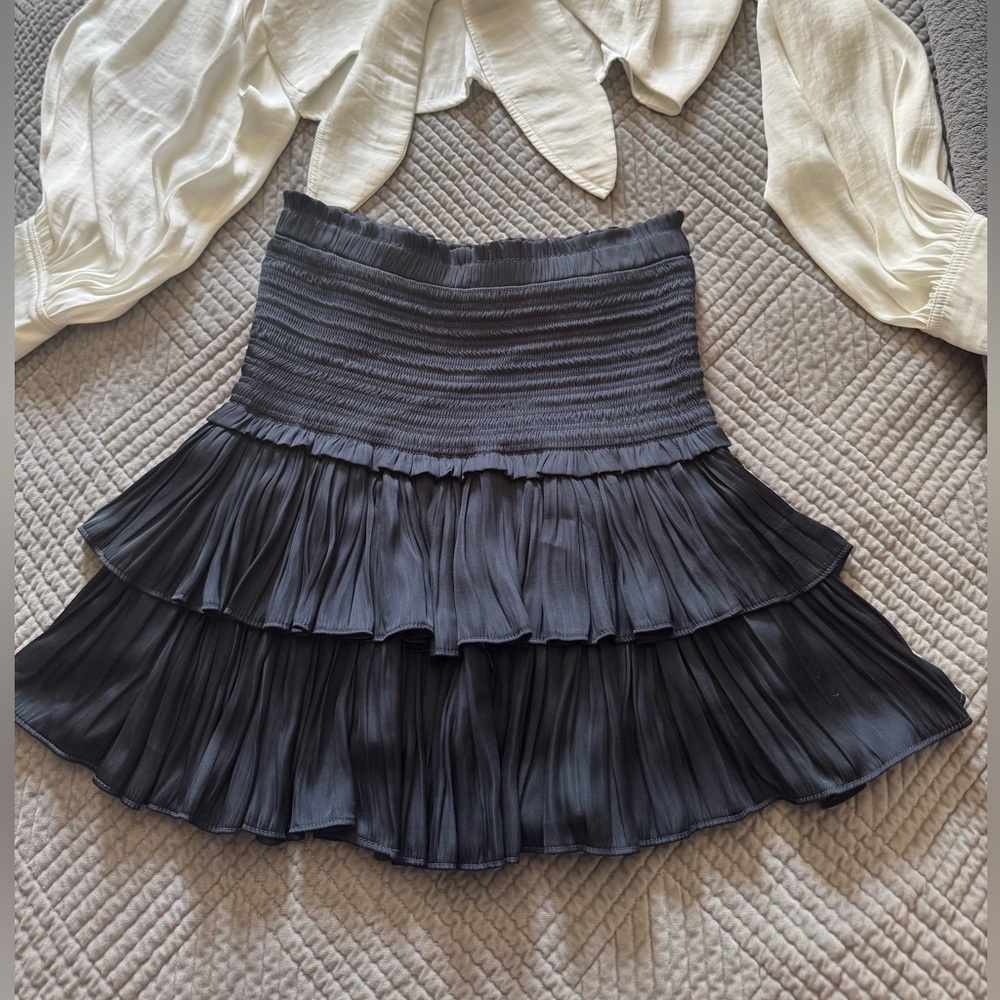 White and Blue Mini Skater Skirt with Pleated Tiers